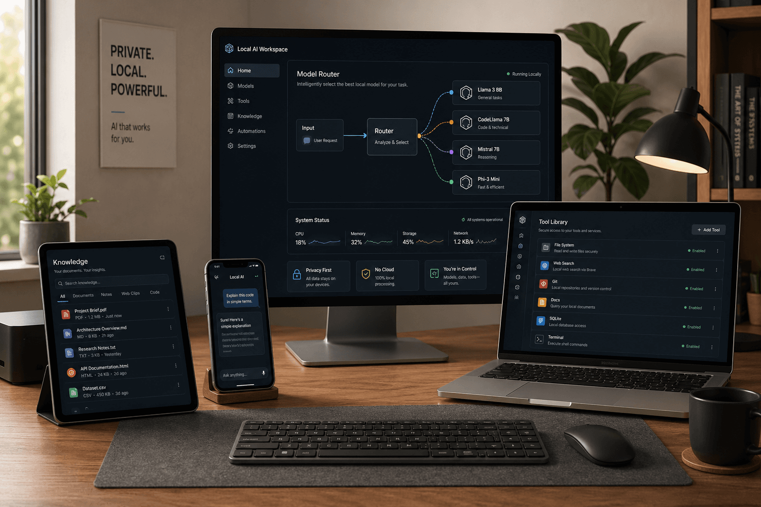 LM Studio local AI workflow across desktop, laptop, tablet, and phone