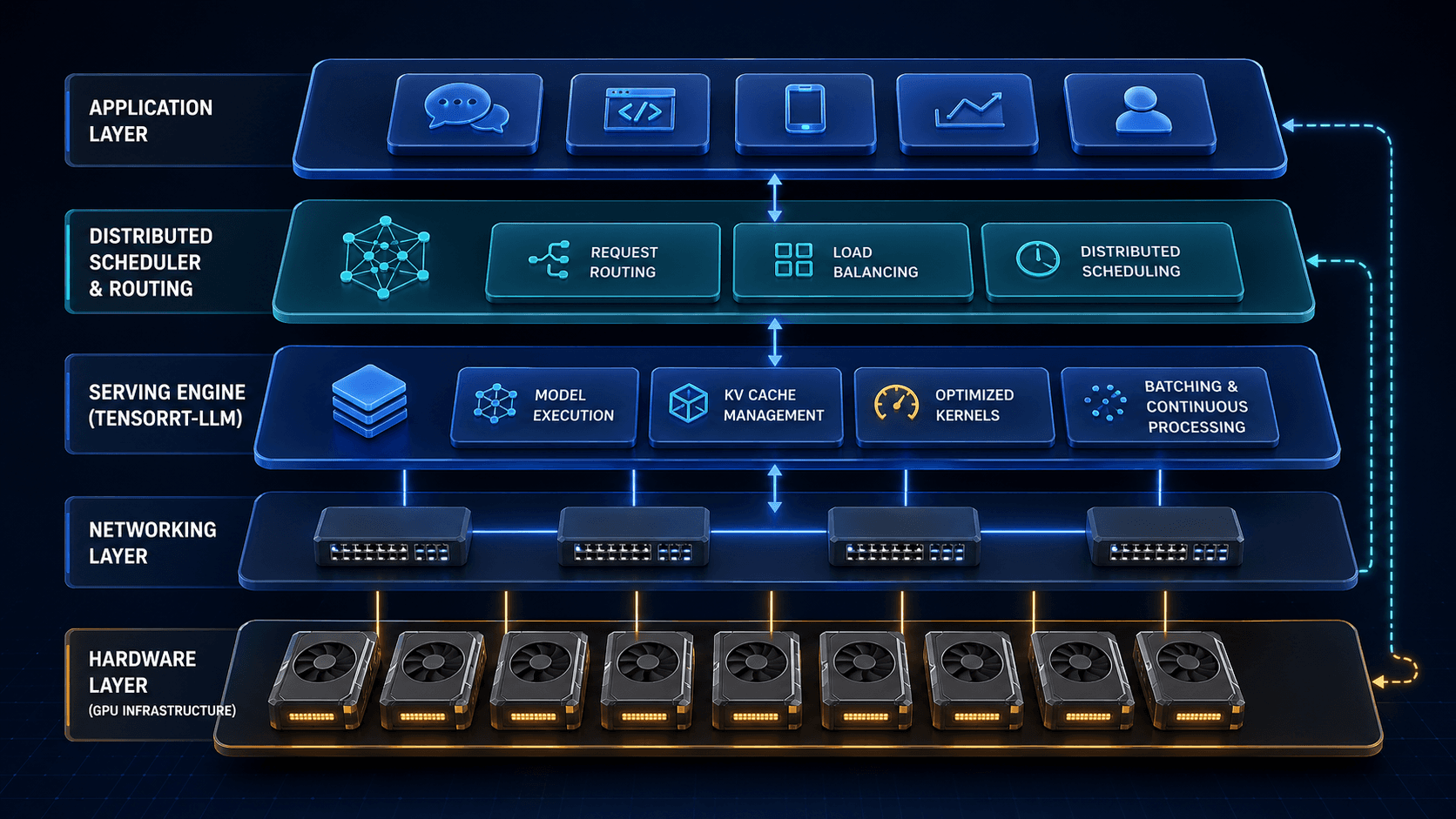 Layered inference stack from hardware to serving and routing